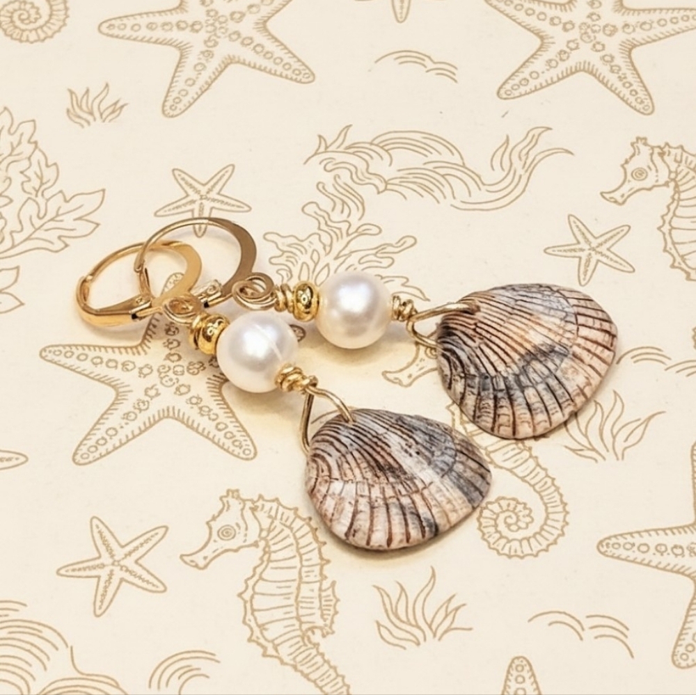 Natural Petite Pink Sea Shell & White Baroque Pearl Artisan Handcrafted Earrings